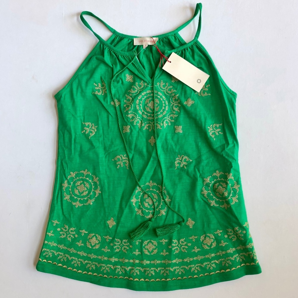 NWT Solitaire Gold Medallion Patterned Green Sleeveless Top